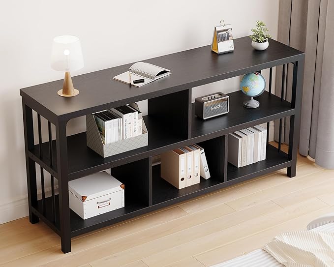 IBF 55“ Black Bookshelf, Industrial Open Horizontal Cube Book Shelf, Low Wide Home 5 Cube Storage Organizer Long Shelf for Bedroom, Wood and Metal Cubby Bookcase for Living Room, Black Oak, 55 inch