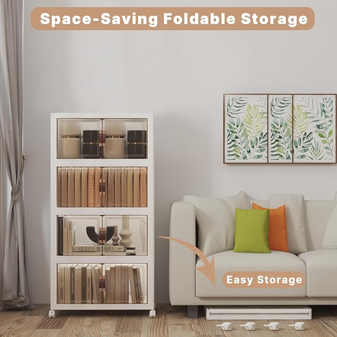 Stackable Storage Bins with Lids 192QT-48QT*4Pack Folding Storage box with Doors and Wheels, Collapsible Plastic Bins Stackable Organizer and Containers for Home, Garage, Office