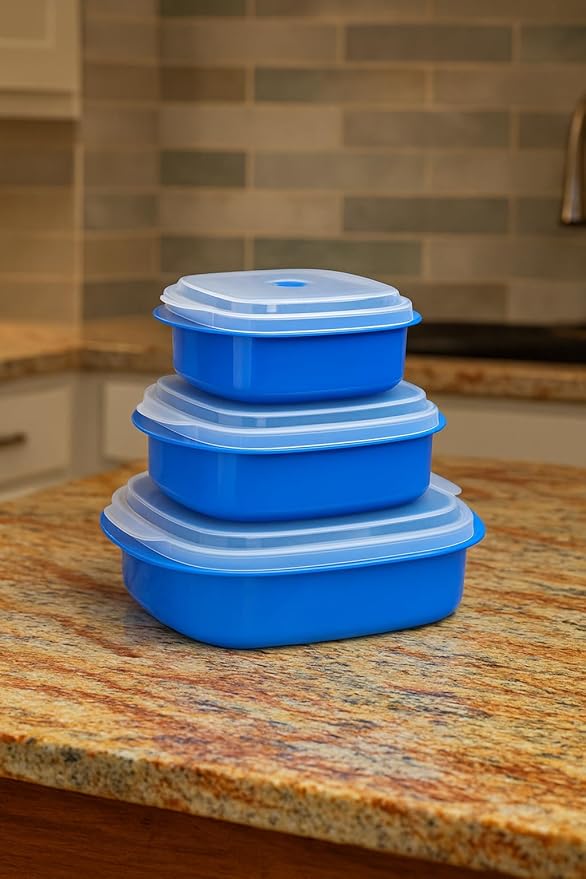 Reston Lloyd Nesting Microwave Containers, Set of 3, Adjustable Steam Vents, Airtight, Meal Prep, Durable BPA-Free Plastic- Freezer & Dishwasher Safe, Cookware & Food Storage, Anyday Cookware, Azure