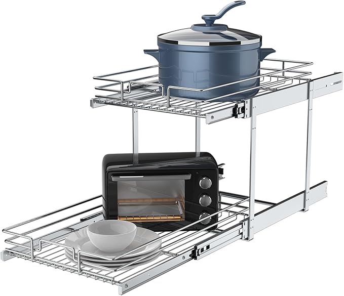 2 Tier Pull Out Cabinet Organizer, 26" W x 21" D Heavy-Duty Metal Sliding Drawer Shelf for Kitchen Cabinets, Chrome, Doesn't Include Door Fittings