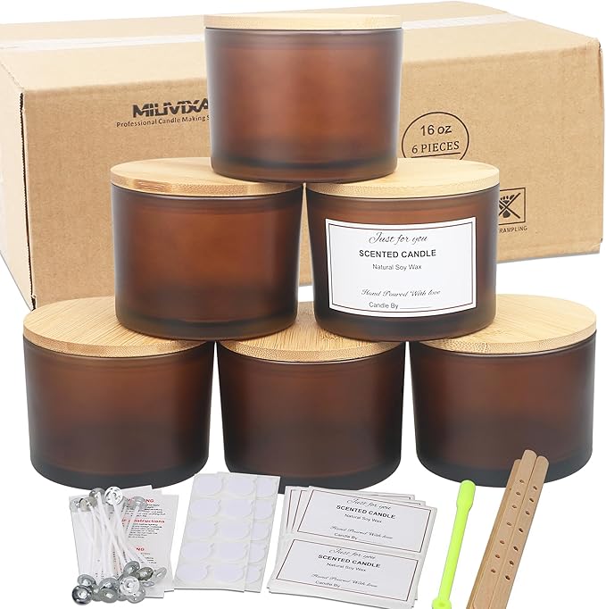 MILIVIXAY 6 Pack 16 oz Candle Jars with Bamboo Lids and Candle Making Kits - 3 Wick Candle Jar,Bulk Empty Frosted Amber Thick Glass Jars for Making Large Candles - Spice, Powder Containers.