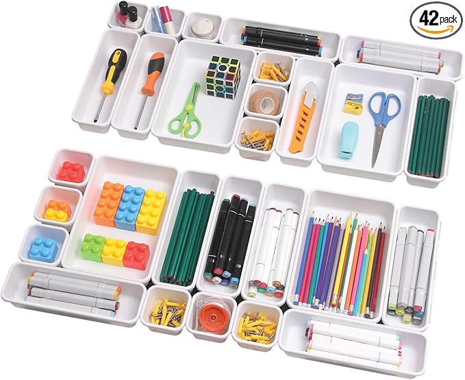 TENABORT 42 Pack Interlocking Desk Drawer Organizer Tray Dividers Plastic Shallow Narrow Drawers Organizers Separators Storage Bins Container for Kitchen Bathroom Makeup Office Vanity Dresser White