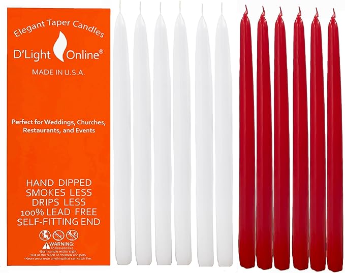 D'light Online Elegant 12" Holiday Taper Candles Premium Quality- Unscented, Hand-Dipped Tapered Candles, Dripless and Smokeless - Set of 12 (12 Inch, Holiday)
