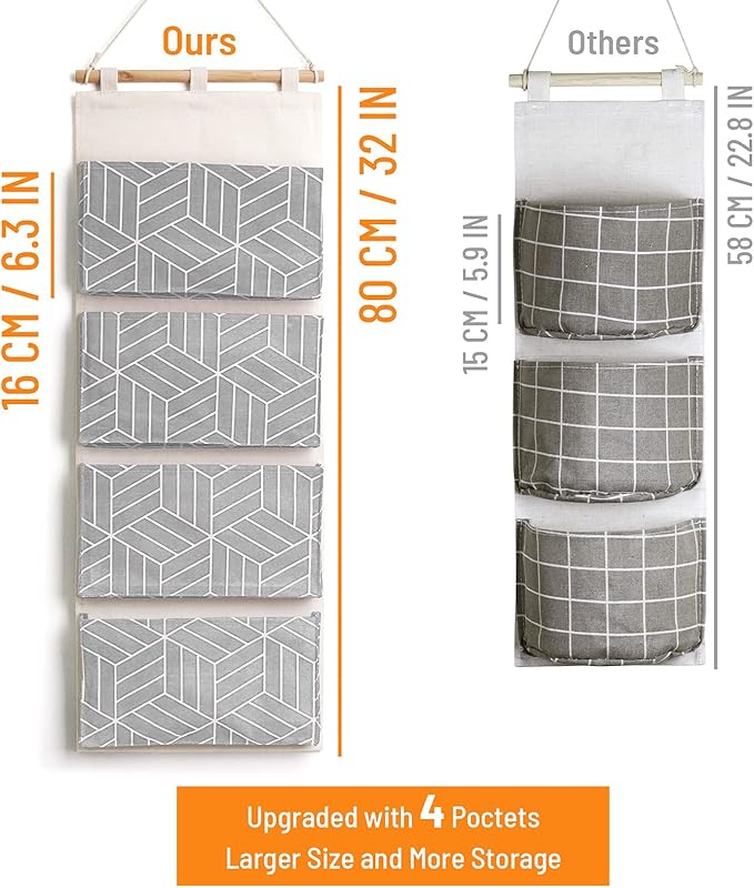 CROWNED 2Pcs Over Door Hanging Storage Bags Wall Mount Closet Organizer, 4 Big Pockets Linen Cotton Fabric Multi Functional Living Room Bedroom Bathroom File Magazine Waterproof Free Hooks Grey