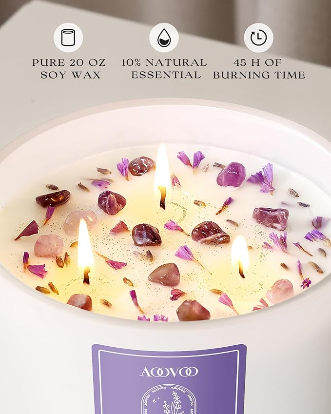 AOOVOO Lavender Scented Candles for Women - 20oz 3 Wick Soy Candles for Home Scented, Aromatherapy Candle with Crystals Inside, Birthday Gifts Valentines Day Candle for Women Mom