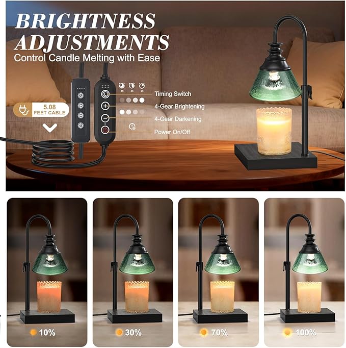 Uflatek Electric Candle Warmer Lamp with Timer, Adjustable Height Dimmable Lamp with 2 Bulbs, Dark Green Jar Candle Melting Warmer, Vintage Home Decor, Housewarming Gift for Women and Moms