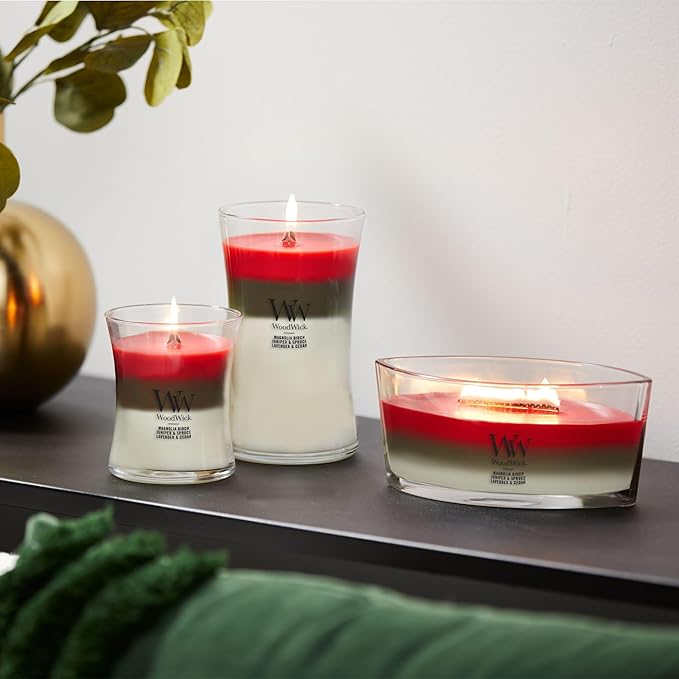 WoodWick Winter Garland Trilogy Holiday Candle Gifts for Women and Men, 9.7 oz Medium Hourglass Trilogy Candle with Crackling Wick