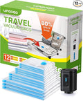 UPGOGO Combo 12 Pack Travel Vacuum Bags with Portable Electric Pump, Space Saver Vacuum Storage Bags for Clothing and Luggage, Travel Essentials
