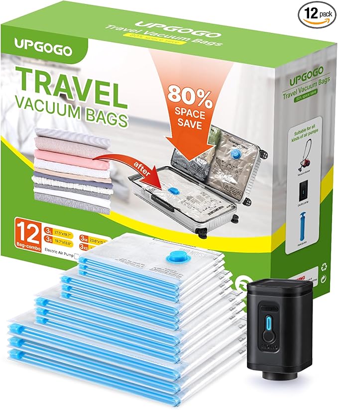 UPGOGO Combo 12 Pack Travel Vacuum Bags with Portable Electric Pump, Space Saver Vacuum Storage Bags for Clothing and Luggage, Travel Essentials