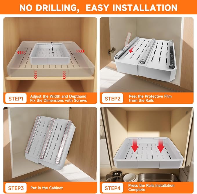Pull out Cabinet Organizer 2 Pack,Adjustable Width (14"-19") and Depth (17"-24"),No Drill Slide out Drawers for Kitchen,Pantry,Adhesive Roll out Shelves,for Cabinets Without Lip,White