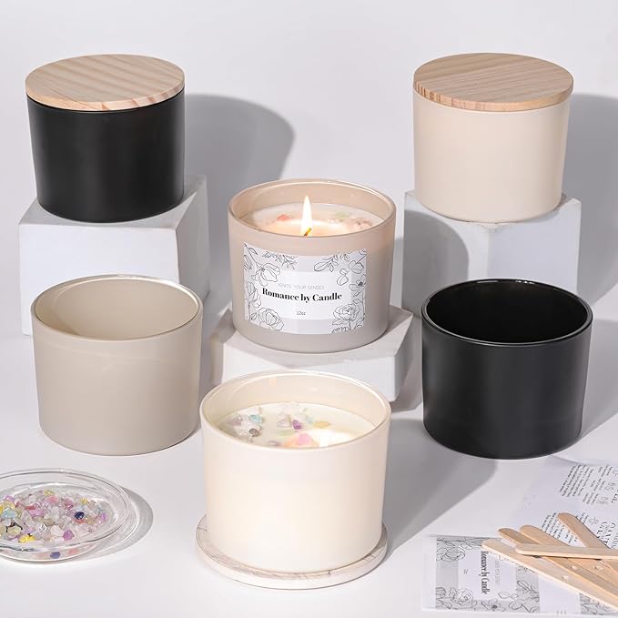 6Pcs Assorted Black and White Candle Jars for Making Candles, 12oz Empty Candle Jars with Bamboo Lids,Labels and 100g Crystal Rocks, Glass Jars for Candle Making, Candle Containers for DIY Gifts