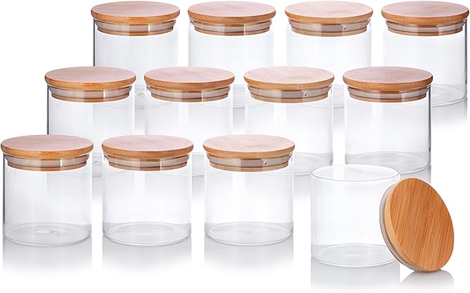 JUVITUS (12 Pack) 10 oz Clear Glass Jar with Bamboo Silicone Sealed Lid
