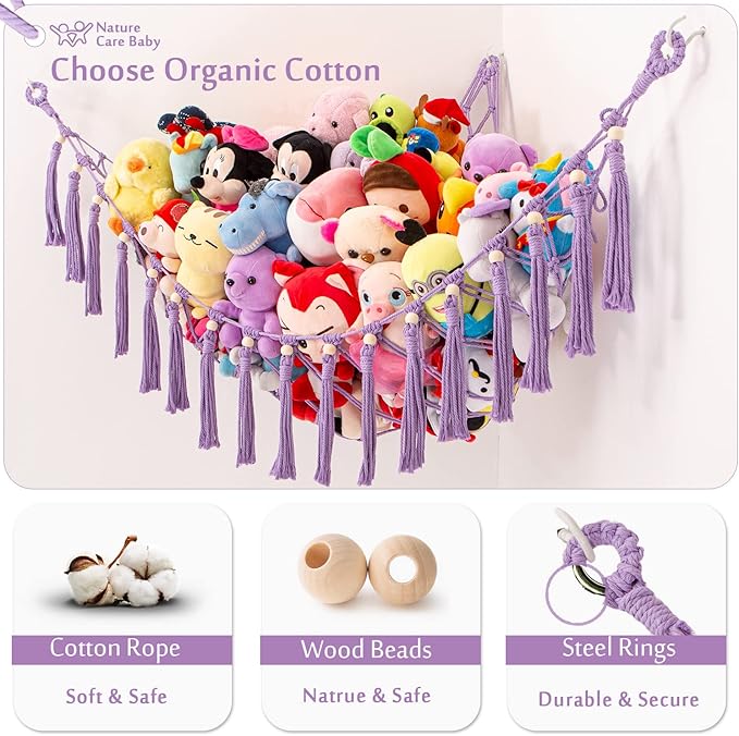 YKBU Stuffed Animals Hammock Corner Hanging Net with Wooden Beads Macrame Stuffed Animal Storage Ideas Plush Holder Toy Organizer for Boho Nursery Playroom Bedroom Kids Room Decor (purple, X-Large)
