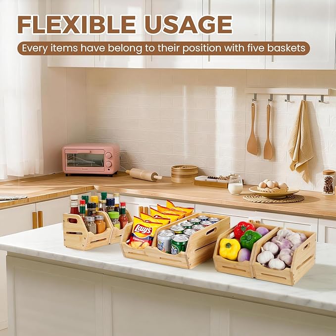 Tfro & Cile Bamboo Potato and Onion Storage Bins Pantry Organizers 3 Tier Stackable Vegetable Baskets Multipurpose Fruit Organization Containers for Kitchen - Set of 5