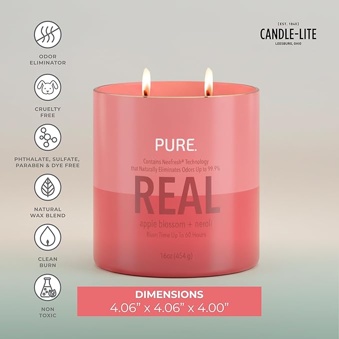 Candle-Lite Pure Apple Blossom & Neroli Odor Eliminating Scented Candles, Neofresh Technology Eliminates 99.9% of Odors, 16 oz 2-Wick Jar, Proudly Poured in The USA, Up to 60 Hours Burn Time
