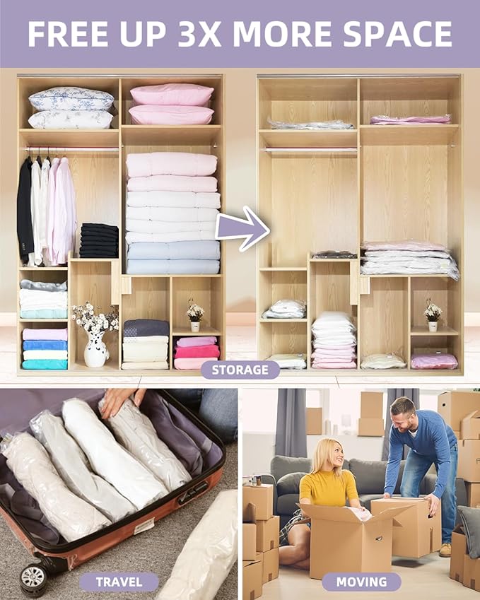 Vacuum Storage Bags for moving, Vacuum Seal Bags for Memory Foam, Latex, Clothing & Bedding, Space Saver Bags for Organization and Storage (Jumbo)