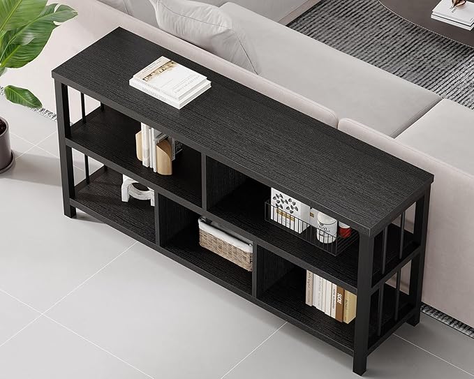 IBF 55“ Black Bookshelf, Industrial Open Horizontal Cube Book Shelf, Low Wide Home 5 Cube Storage Organizer Long Shelf for Bedroom, Wood and Metal Cubby Bookcase for Living Room, Black Oak, 55 inch