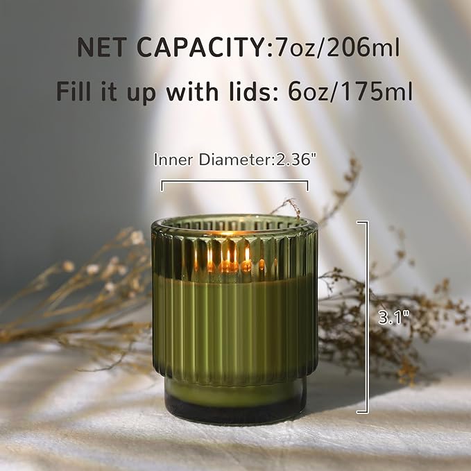 DEVI 7oz Empty Green Ribbed Glass Candle Jars - Set of 8, Glass Candle Containers with Bamboo Lids, Bulk Supplies for Gifts & Wedding Decorations