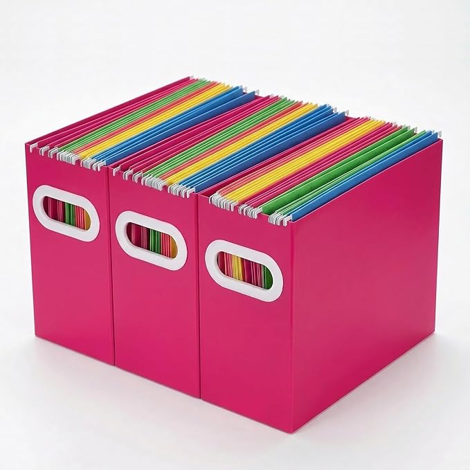 Hanging File Organizer Box, 3 Pack Pink Cardboard File Folder Holder for Letter Size, Portable Desk Document Storage with Handles, for Office,Home,School