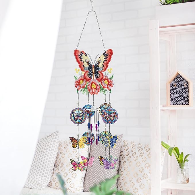 Butterfly Diamond Art Wind Chimes DIY Kits 5D Diamond Art Painting Wind Chime Hanging Ornament Set Double Sided Special Shaped Beads by Number Stitch Butterfly Wind Chime Pendant for Yard Home Decor