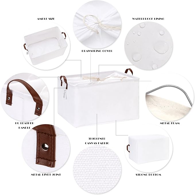 Hinwo 2-Pack Extra Large Canvas Fabric Storage Baskets with Handles, 70L Oversized Storage Bins, Collapsible Storage Box, Clothes, Toys, Blankets Organizers, 22 x 15 x 13 inches, (White)