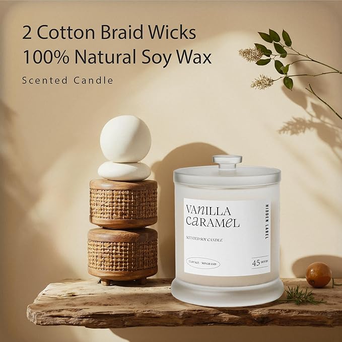 Vanilla Caramel Scented Candle, 13oz Natural Soy Wax Non Toxic, 2 Wick Large Aromatherapy Candles for Home Scented, 75hours Clean Burn,Long Lasting Big Jar Candles for Women,Stress Relief & Relaxation