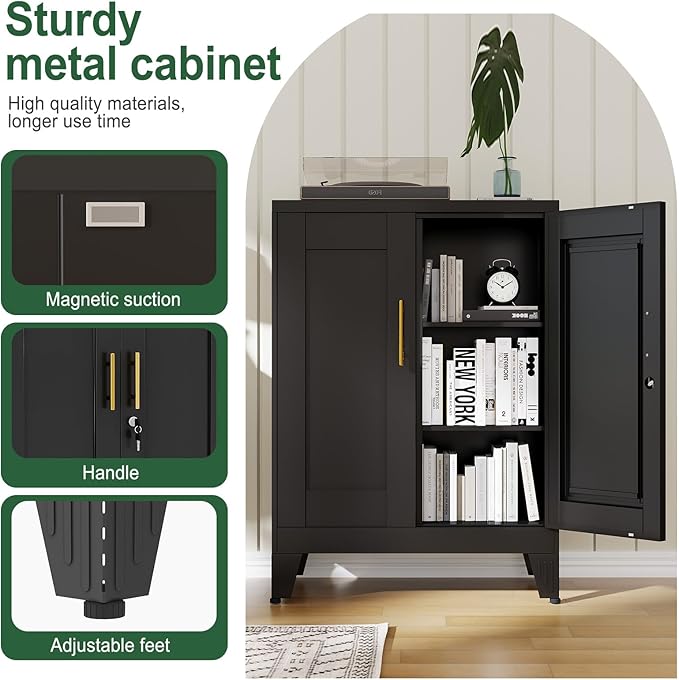 Black Metal Storage Cabinet, 36" Tall Locking Storage Cabinet with 2 Adjustable Shelves, Steel Locker Organizer, for Office, Home, School, 11.81" D x 23.62" W x 35.83" H