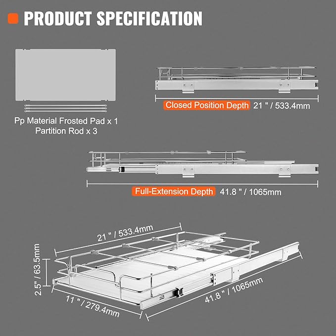 VEVOR 12.5"Wx21"Dx3.5"H Pull Out Cabinet Organizer, Heavy Duty Slide Out Pantry Shelves, Chrome-Plated Steel Roll Out Drawer, Drawer Storage for Home Under Sink, 14"Wx22"Dx7"H Install Size for Cabinet