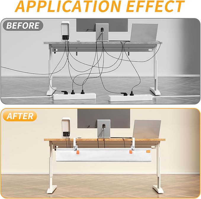 Under Desk Cable Management Tray with Clamp, No Drill 48" Cord Organizer for Desk, Desk Cable Management Fabric Tray for Standing Desks, Ideal for Home & Office - White