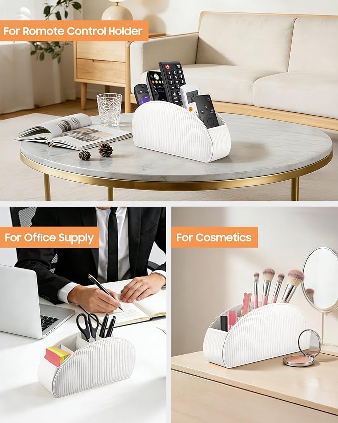 SITHON Remote Control Holder with 5 Compartments - PU Leather Remote Caddy Desktop Organizer Store TV, DVD, Blu-Ray, Media Player, Heater Controllers, Stripe Pearl White