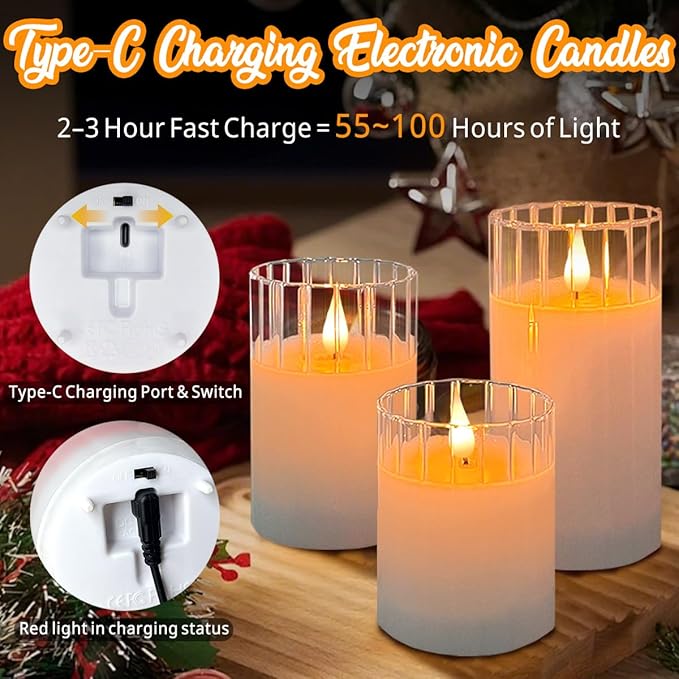Rechargeable Flameless Glass Pillar Candles – Remote & Timer – Set of 3 White Stripes Realistic Flickering LED Light, Ideal for Living Room, Bedroom & Holiday Décor& Gifts for Women