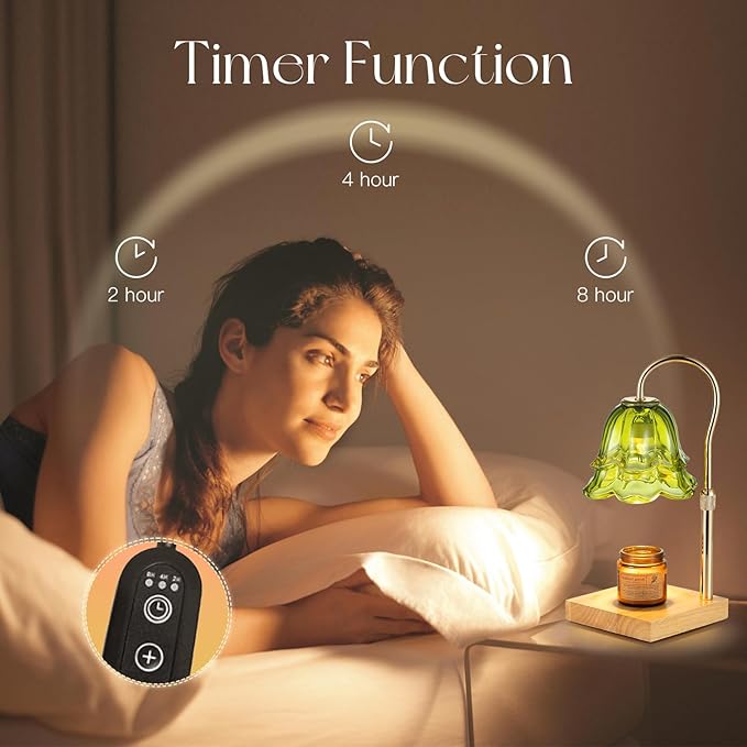Candeldo Candle Warmer Lamp with Timer: Green Flower Candle Warming Lamp with 2 Bulbs Height Adjustable Wax Warmer Dimmable Bedroom Decor Mothers Day Gift for Women