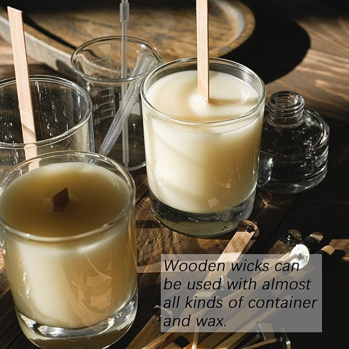 200 Pcs Wooden Candle Wicks for Candle Making, 5.1 x 0.5 Inch Natural Wood Wicks with Metal Base, Smokeless Crackling Wicks for DIY Soy Wax & Paraffin Candles (100 Sets)