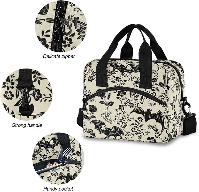 CBBYY Goth Bat Lunch Bags for Women Men, Reusable Insulated Lunch Box, Adjustable Shoulder Straps Tote Lunch Bag for Work Picnic School