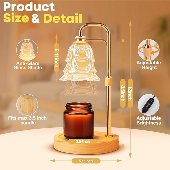 Candle Warmer Lamp with Timer and Dimmer, Electric Wax Warmers for Scented Candles with 5 Brightness Settings, Anti-Glare Lamp with Adjustable Height, Home Decor, Gift for Birthday, Valentines