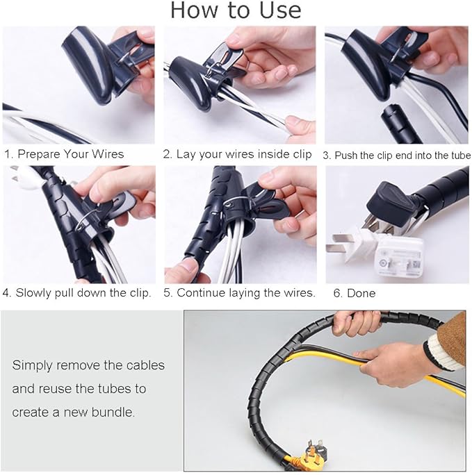 Black Cable Wire Organizer Cord Sleeve Management Cord Hider for Computer, TV, Desk, VIWIEU 5 Feet EZ Cable Sleeve Bundler Flexible & Expandable Home & Office Management Wire Concealer with Clip Tool