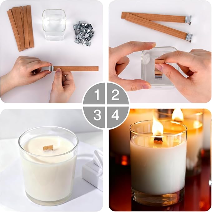 Candle Wick for Candle Making, Wooden 120Pcs 5.0X 0.5 Inch, 60Pcs Iron Stand, 60Pcs Candle Wick Stickers