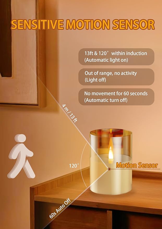 JMTONE Two Months Rechargeable Flameless Candle, Auto Switch On/Off, Rechargeable Glass Candle with Motion Sensor and Remote, Ideal Kids Adults for Home Living Room Decor, Ideal Gift for Women