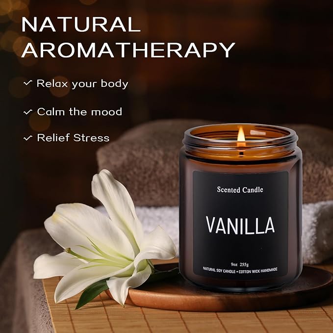 Luxury Vanilla Scented Candles Gift Set-100% Natural Soy Wax, 50H Clean Burn, Hand-Poured, Relaxing Aromatherapy for Home, Bedroom,Yoga&Spa, 9oz-255g
