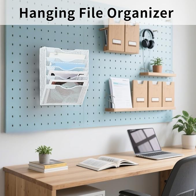 LEKETREE Hanging Wall File Organizer with Office Assorted, 5 Pockets Mesh Wall Mounted File Folder Holder for Mail, Paper, Document, Binder, Magazine, Menu (White)
