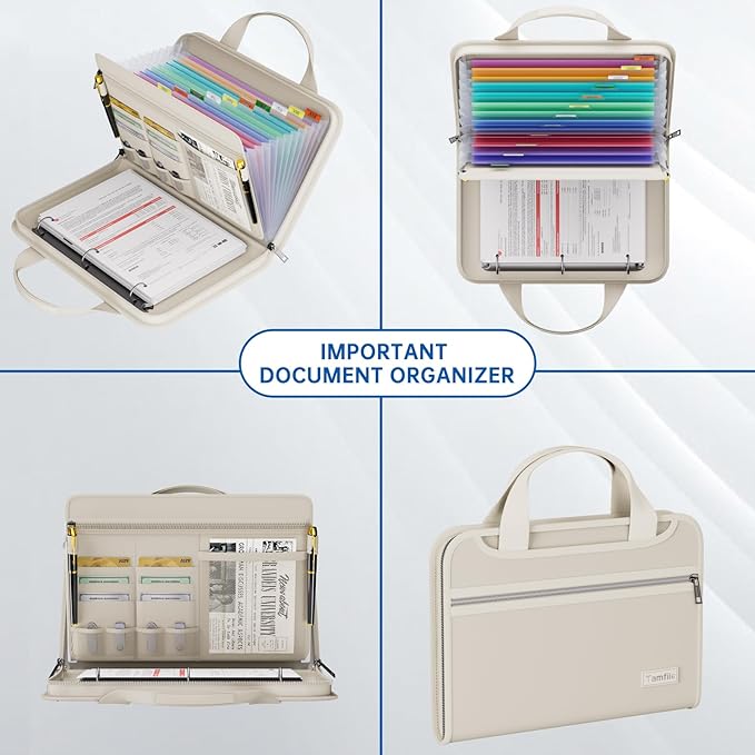 Fireproof Accordion File Organizer with Handle, 13 Pocket Expanding File Folder with Zipper & Labels, File Folder with 3 Ring Binder, Multi Pockets Paper Organizer Folder for Letter A4 Files (Beige)