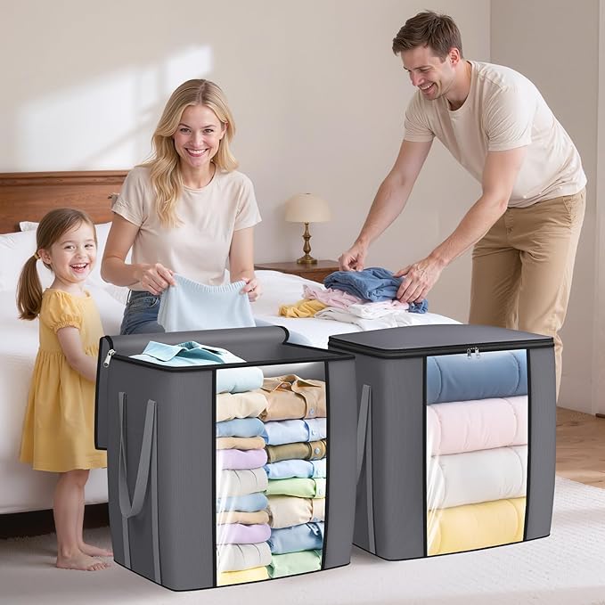 TasticTotes 120L Extra Large Clothes Storage Bags, Foldable Blanket Storage and Organization, Thick Fabric Containers with Reinforced Handles & Zippers for Clothing, Comforters, Bedding, Gray, 2 Pack