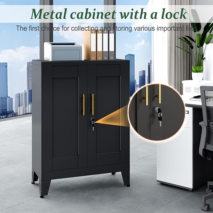 Black Metal Storage Cabinet, 36" Tall Locking Storage Cabinet with 2 Adjustable Shelves, Steel Locker Organizer, for Office, Home, School, 11.81" D x 23.62" W x 35.83" H