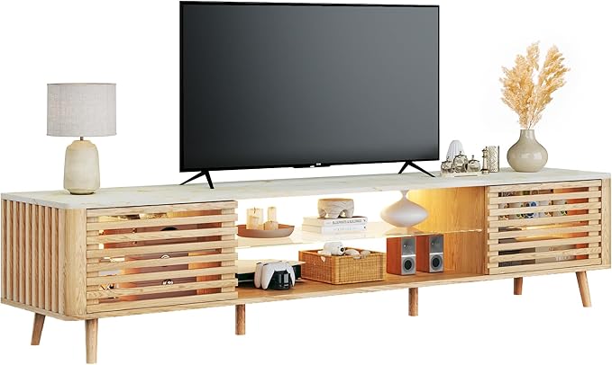 HUAHUU 70" TV Stand for 55/65/75 Inch TV, Faux Marble Top Entertainment Center with Slatied Sliding Door & LED Lights, Mid Century Modern Style, Low TV Console with Glass Shelves for Bedroom