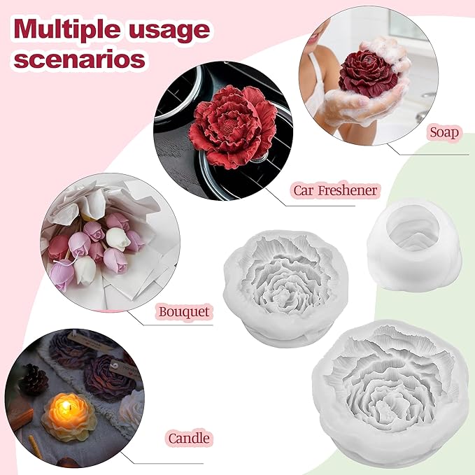 69 pcs Candle Making Silicone Mold Set,2 Peony(Large + Medium) Mold 1 Rose(Small) Set of 3D Flower Silicone Molds, for Soap,Candle Home Décor Handmade Gift