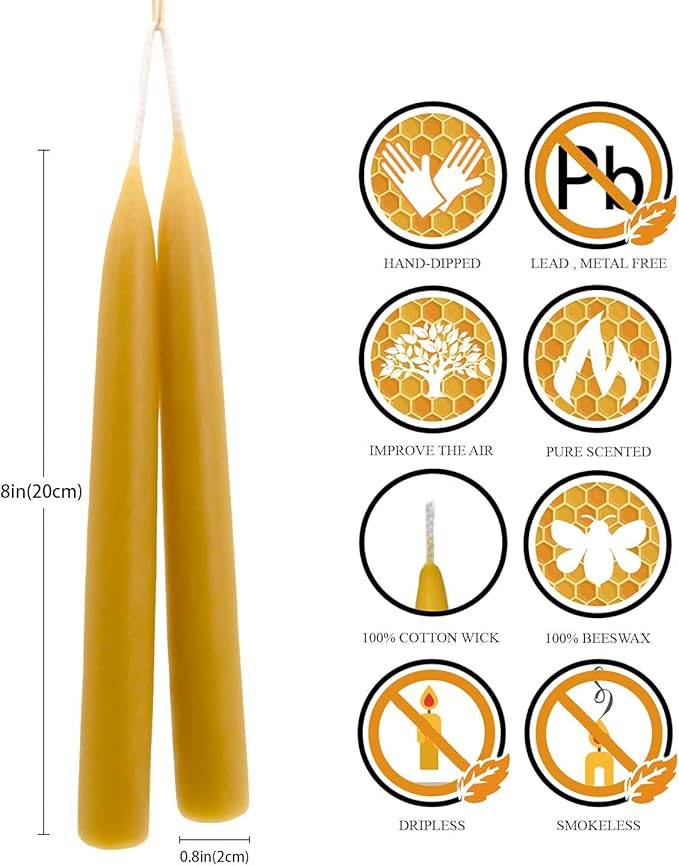 Natural Beeswax Taper Candles, DEYBBY Smokeless and Dripless Beeswax Candles, Long Lasting Burning, Nontoxic, 8 inch, 6 Pack