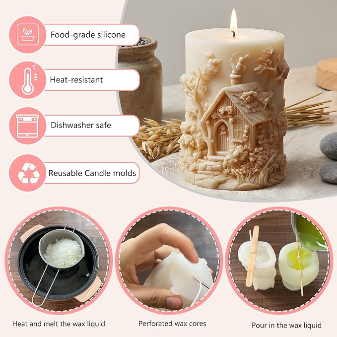 XIAOSHUI Wooden House Silicone Candle Molds for Candles Making Resin Casting Aromatherapy