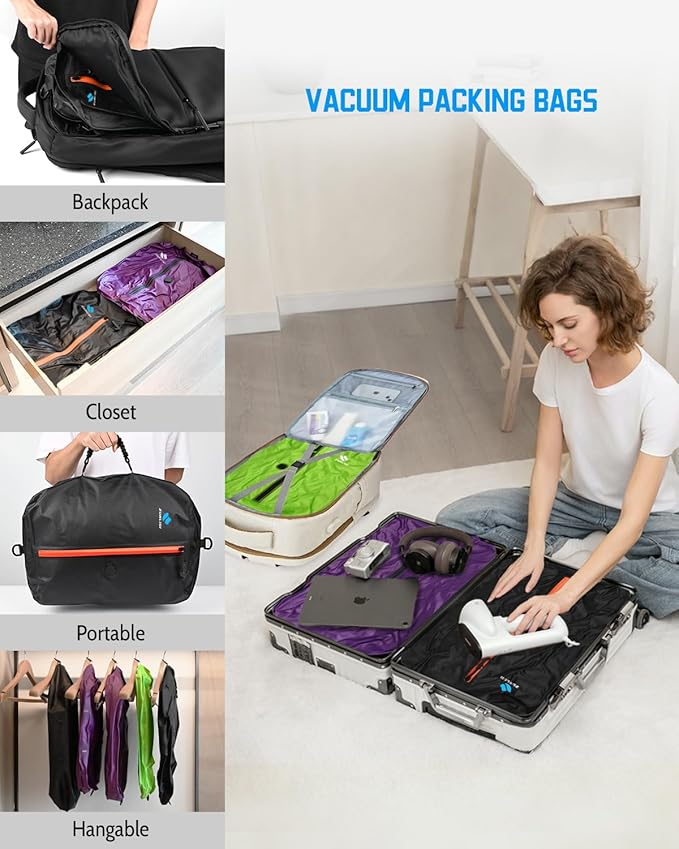 Zurligi Travel Vacuum Compression Bags with Removable Handle & Mini Pump – 39L Reusable IPX8 Waterproof Vacuum Packing Cubes, Vacuum Seal Bags for Clothes, Suitcase & Backpack(2-Pack Black)