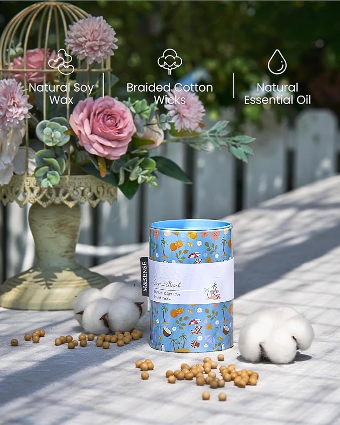 M&SENSE Spring Candle 11.3 oz, Coconut Beach Scented Candle, Non-Toxin Soy Wax for Home Scented, Floral Candles Gift for Her, Up to 70 Hours Burning Long-Lasting Fragrance