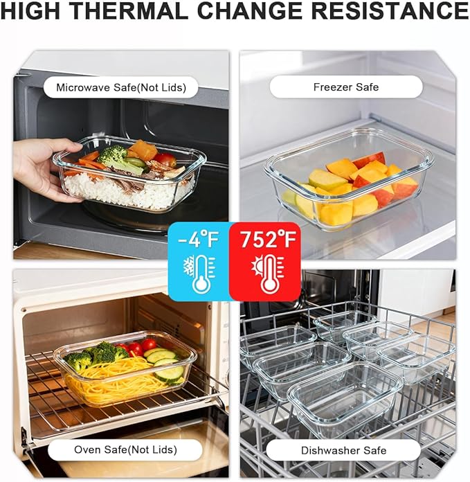 KAMOTA Glass Food Storage Containers, 10 Pack Glass Meal Prep Containers, Airtight Containers with Snap-Lock Lids, 22 oz White Container Set with Lids, for Microwave/Oven/Freezer/Dishwasher